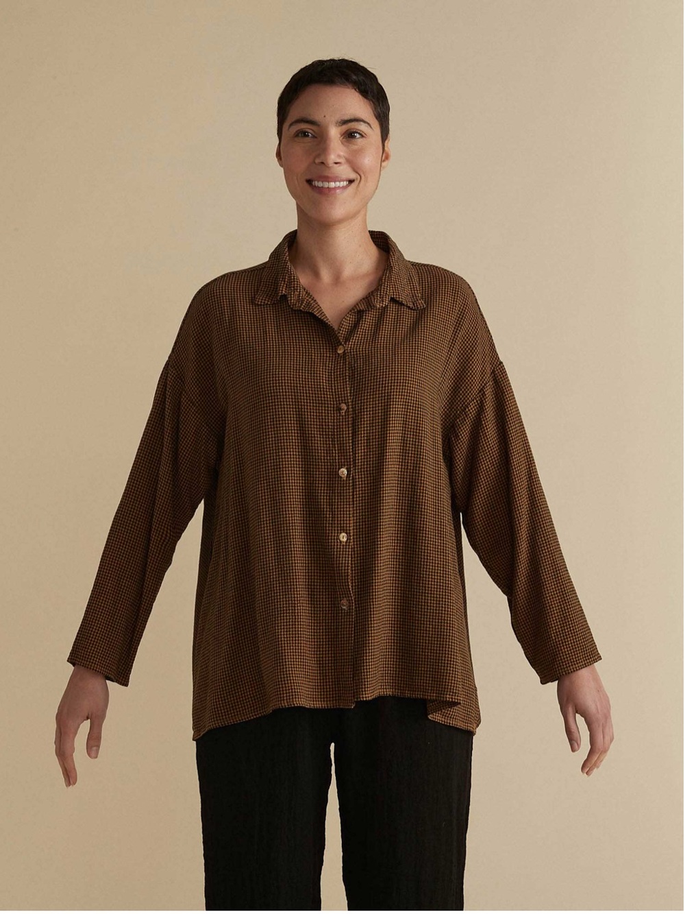 cut loose Brown and Black Checked Button-Down Shirt